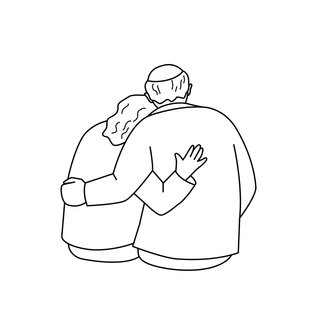 A line art drawing of an elderly couple lovingly hugging one another.