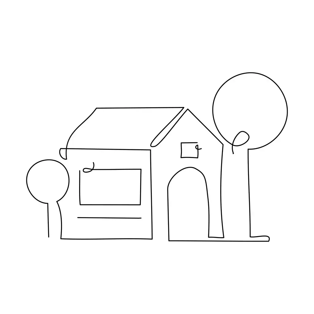 A line art drawing of a home with two adjacent plants.